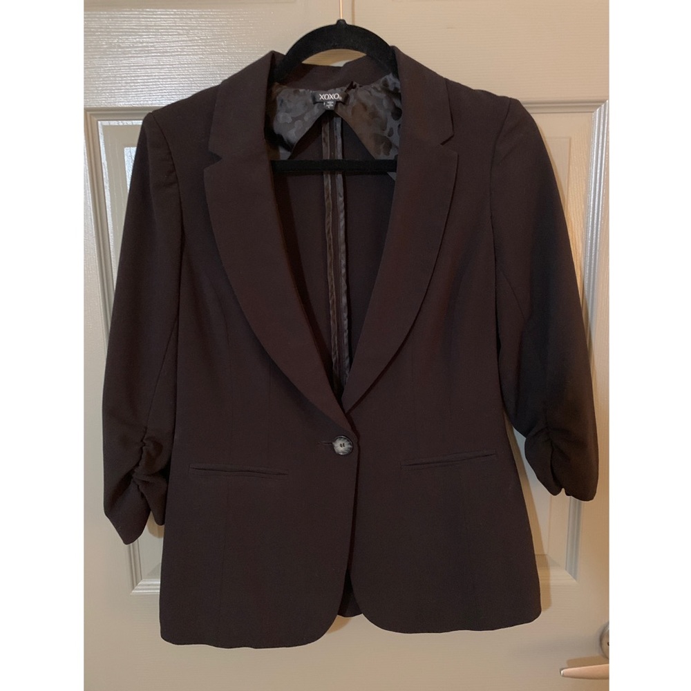 XOXO Fitted Blazer Black Ruched Sleeves Stretch